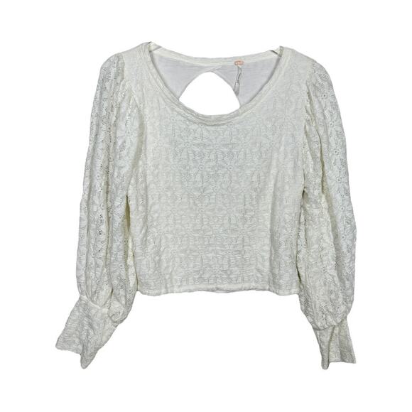 Free People Tea Time Puff Sleeve Lace Top Large New Cream Cut Out Cropped Boho - Picture 3 of 8